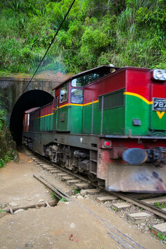 Image of the train running along the Tunnel of Nine Arches Bridge located in valley Demodara, Ella, Sri Lanka, Asia	