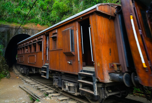 Image of the train running along the Tunnel of Nine Arches Bridge located in valley Demodara, Ella, Sri Lanka, Asia	