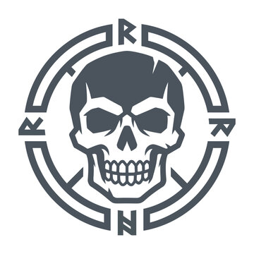 Stylized human skull within runic circular border logo.