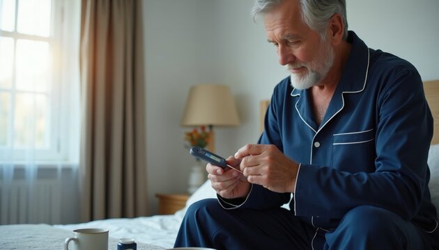 Elderly man in pajamas checks blood glucose level using meter on bed. Morning routine for diabetic health control. Lifestyle photo of senior person self care.