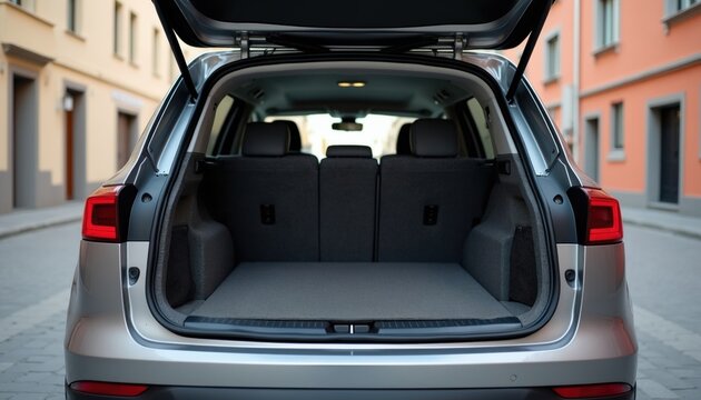 Open back door of silver crossover car in urban street. Empty car boot space ready for loading cargo. Modern vehicle interior shows spacious storage compartment for travel or moving.