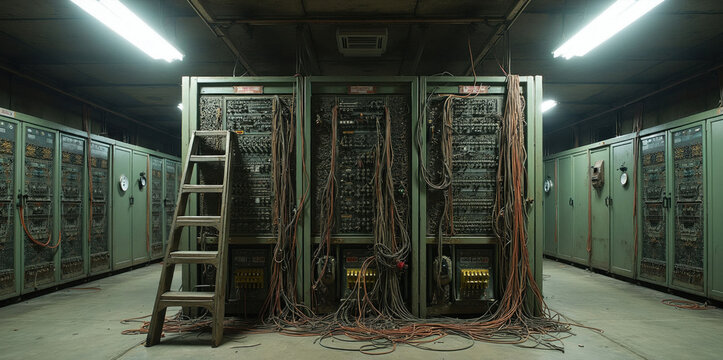 Abandoned telecom room aged switchboard system. Complex cabling connects vintage hardware within derelict facility. Old machinery sits beneath fluorescent lights. Interior shows decay, hinting at