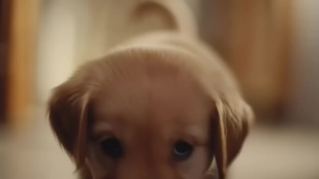 Cute puppy peeking indoors with big eyes and floppy ears closely.