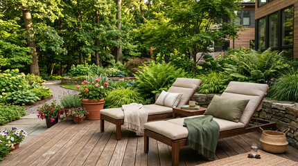 Fototapeta premium Modern backyard patio with wooden decking, cushioned lounge chairs, blankets, potted flowers, lush ferns, and layered garden plantings creating a peaceful outdoor retreat for relaxation