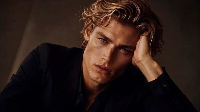 A sophisticated and moody studio portrait of an attractive male model with wavy blond hair, dressed in a sleek dark suit. The close-up shot highlights his chiseled jawline and pensive expression with 