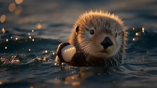 Otter swims playfully in water with joyful expression and wet fur