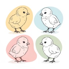 Fototapeta premium Four cute chicks in different colors isolated on white background