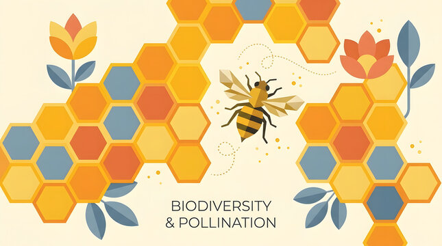 Educational honey bee illustration highlighting pollination and biodiversity through honeycomb-inspired design.