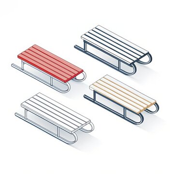 Isometric illustration of four colorful sleds isolated on white background