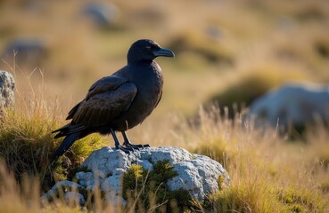 Fototapeta premium Dark crow bird sits on rock in grassy field during daytime. Animal watches intently, focused gaze. Soft sunlit background shows blurred landscape.