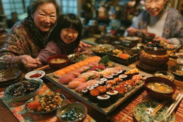 Obraz premium Family Sharing Sushi Meal in Japanese Home