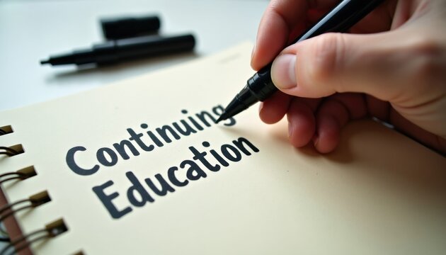 Hand writes Continuing Education on notebook page with marker. Focus on learning, skill upgrade, and career advancement. Planning personal growth and pro development goals.