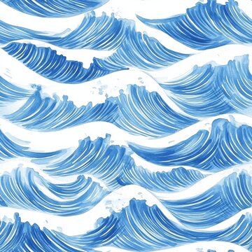 Seamless pattern with watercolor blue ocean waves. Repeating backdrop of stylized sea water flow. Decorative textile print illustration for wallpaper, wrapping paper and fabric design.