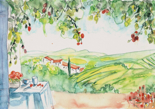 Tuscan Terrace View with Grapevines, Red Roof Farmhouse and Rolling Hills, Hand Painted Watercolor
