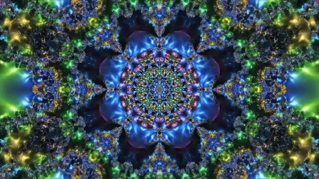 Vibrant kaleidoscope pattern with glowing blue and purple lights