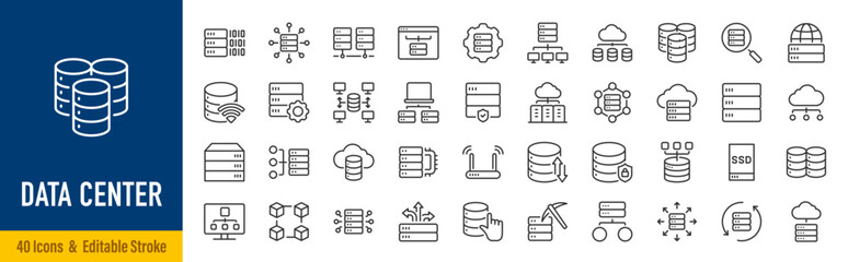 Data Center line icons in editable stroke style. Cloud computing, server, storage, network, database, cybersecurity, infrastructure, hosting collection. Vector