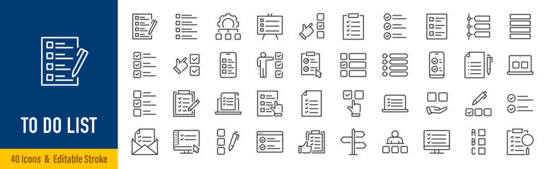 Naklejka na ściany i meble To Do List Web Icons in Line Style. Checklist, Task Management, Planning, Productivity, Reminder, Goals, Workflow, Organization Collection. Editable Stroke. Vector.