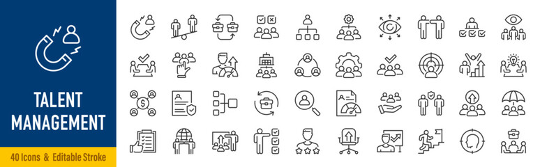 Fototapeta na wymiar Talent Management Web Icons in Line Style. Recruitment, Hiring, HR, Employee Development, Performance, Leadership, Workforce Planning Collection. Editable Stroke. Vector.