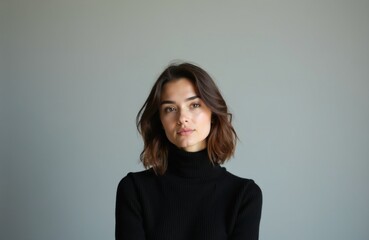 Obraz premium Young woman with short brown hair looks directly ahead. She wears a black turtleneck sweater against a plain grey background. Face is well lit, soft natural light.