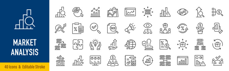 Market Analysis Web Icons in Line Style. Data Analytics, Research, Trends, Statistics, Growth, Business Intelligence, Finance, Strategy Collection. Editable Stroke. Vector.