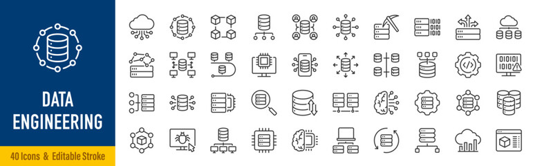 Naklejka premium Data Engineering Web Icons in Line Style. Data Pipeline, Big Data, ETL, Database, Cloud, Analytics, Processing, Infrastructure Collection. Editable Stroke. Vector.