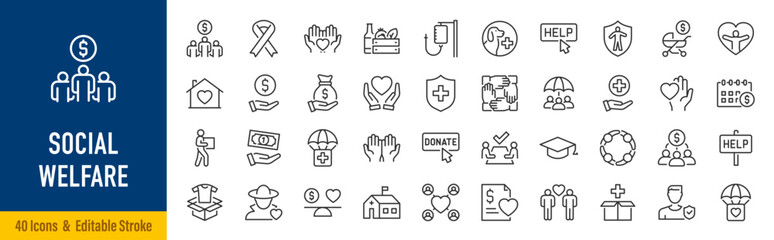 Naklejka premium Social Welfare Web Icons in Line Style. Charity, Support, Assistance, Donation, Community Help, Healthcare, Education, Poverty Relief Collection. Editable Stroke. Vector.