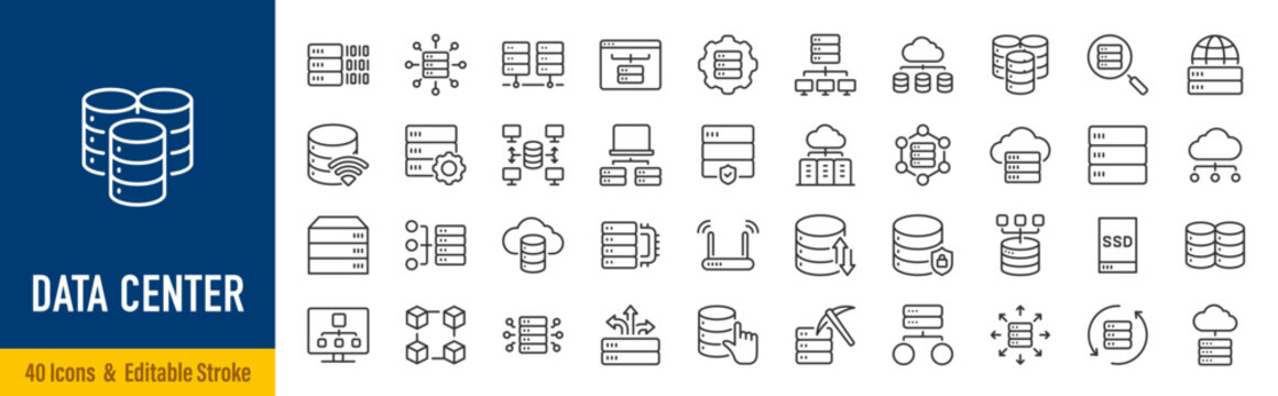 Data Center line icons in editable stroke style. Cloud computing, server, storage, network, database, cybersecurity, infrastructure, hosting collection. Vector