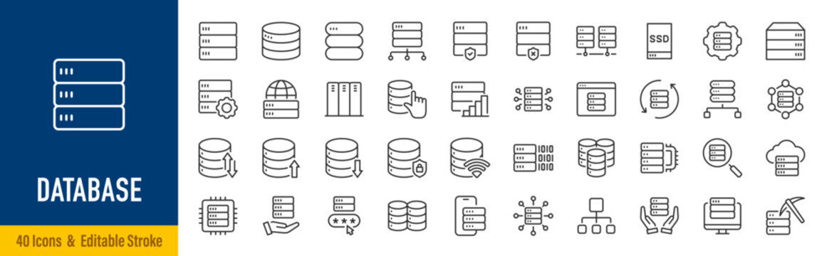 Database Web Icons in Line Style. Data Storage, SQL, Server, Cloud, Query, Table, Backup, Security, Big Data Collection. Editable Stroke. Vector.