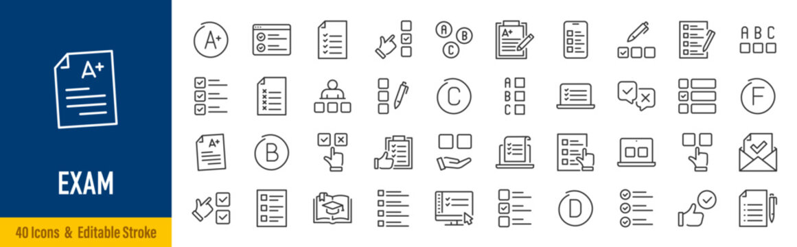 Exam Web Icons in Line Style. Test, Education, Assessment, Quiz, Study, Learning, Knowledge, Certification Collection. Editable Stroke. Vector.
