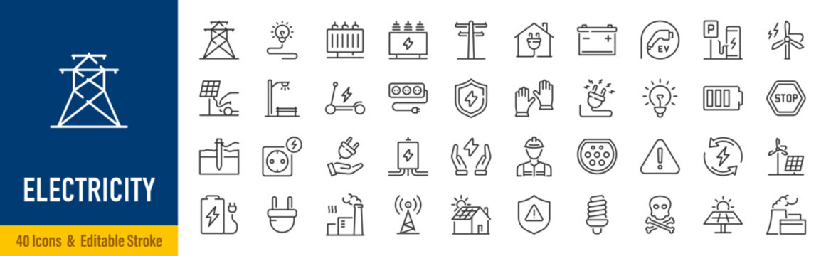 Electricity Web Icons in Line Style. Power, Energy, Electricity, Voltage, Current, Power Grid, Renewable Energy, Charging Collection. Editable Stroke. Vector.