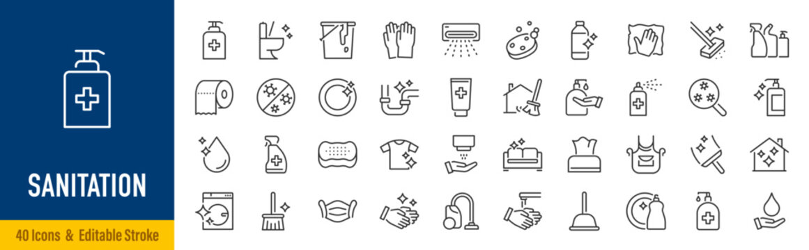 Sanitation line icons in editable stroke style. Hygiene, cleaning, disinfecting, hand wash, waste management, water treatment, public health collection. Vector