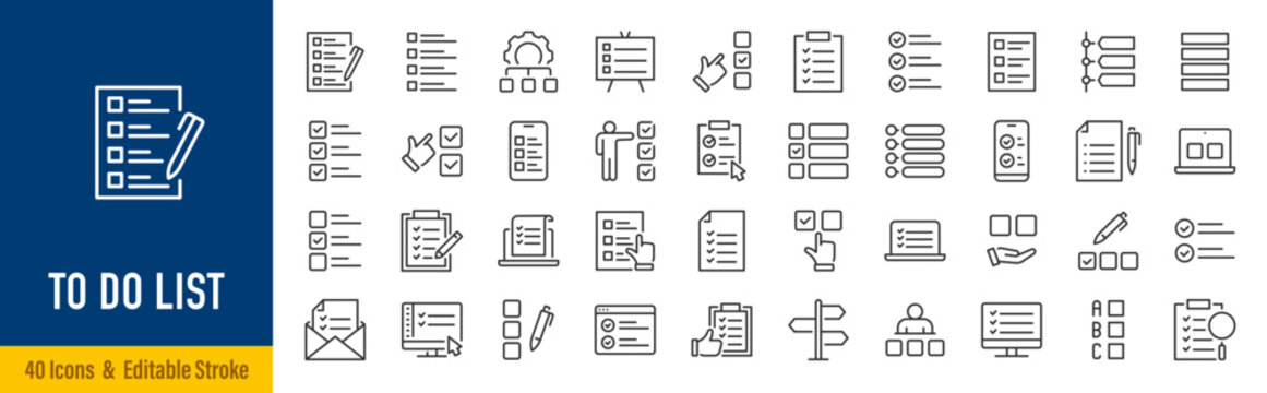 To Do List Web Icons in Line Style. Checklist, Task Management, Planning, Productivity, Reminder, Goals, Workflow, Organization Collection. Editable Stroke. Vector.