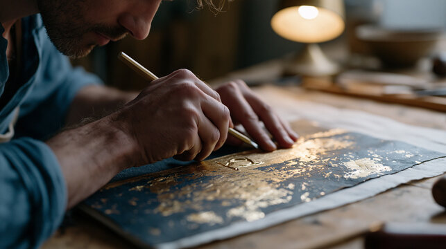 Hand bookbinder's close-up of fingers pressing a gold leaf initial into a leather spine with a heated finishing tool, binding bench illuminated by a focused warm lamp, artisan