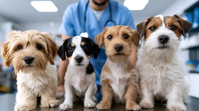 Group of four little puppies sitting together on a table. Looking directly forward during a veterinary visit. With an unrecognizable male veterinarian blurred in the background