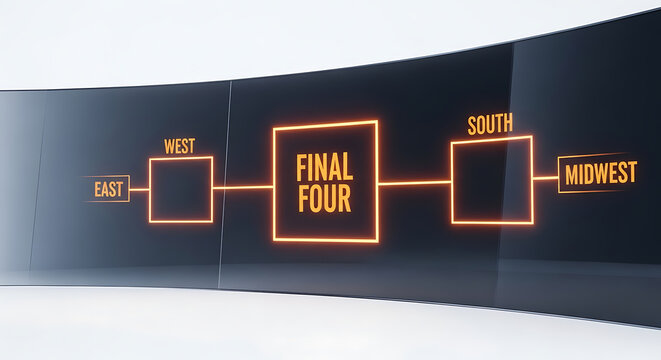 Digital display showing a basketball tournament final four bracket with glowing orange lines on a dark curved screen
