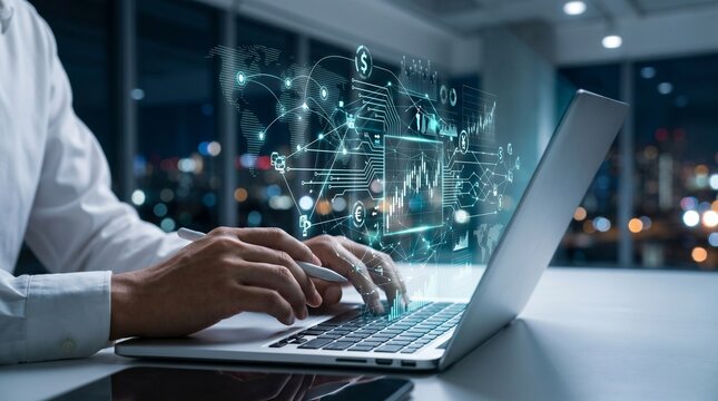 global financial market analysis and investment strategy concept, businessman using laptop to monitor stock trading data and economic trends with digital charts, fintech dashboard for business growth 
