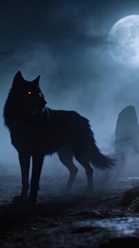 Vertical video: Turning wolf toward camera, breeze stirring on moonlit moor, glowing eyes, monolith