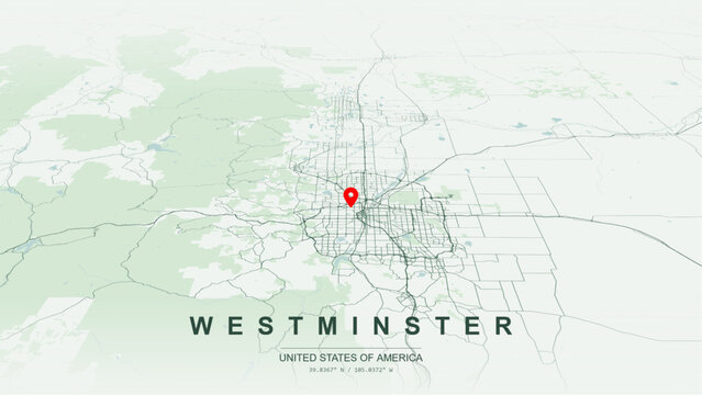 Modern minimalist vector map of Westminster, Colorado, USA. High-quality scalable illustration of Westminster Front Range city grid, Standley Lake waterfront layout for posters design.