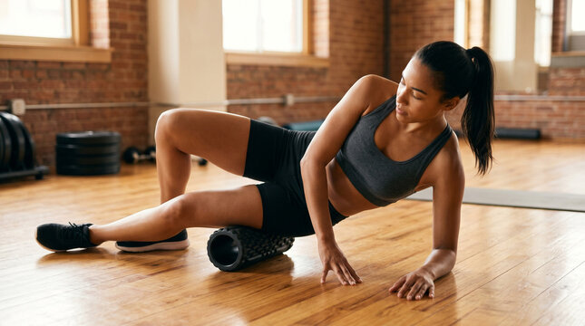 Athletic woman foam rolling her hip muscles on the wooden floor of a brick-wall gym in warm light, great for recovery, sports therapy, and fitness content.