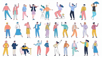 Fototapeta premium 日常の様々なポーズやアクションをするゆるい人物キャラクターイラストセット