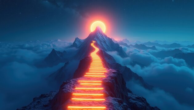 Glowing neon stairs ascend a dark mountain peak above clouds towards a bright sun. This abstract path visualizes achievement and ambitious goals.