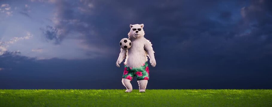 A funny polar bear juggles a soccer ball on a football field - 3D animation