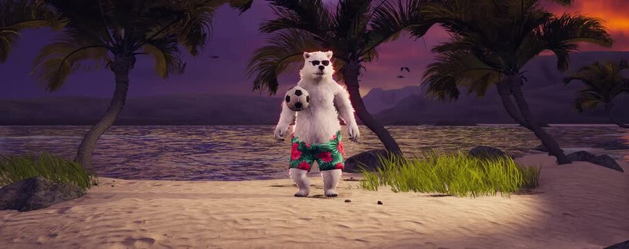 Summer Vocation. Funny Polar Bear Juggling Soccer Ball on Tropical Beach at Sunset - 3D Animation