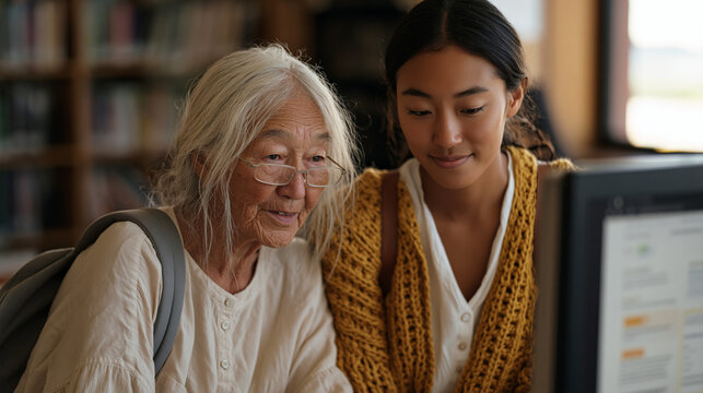 Intergenerational tutoring session where a college student with a backpack coaches an older adult at a community library computer terminal, both leaning toward the monitor with