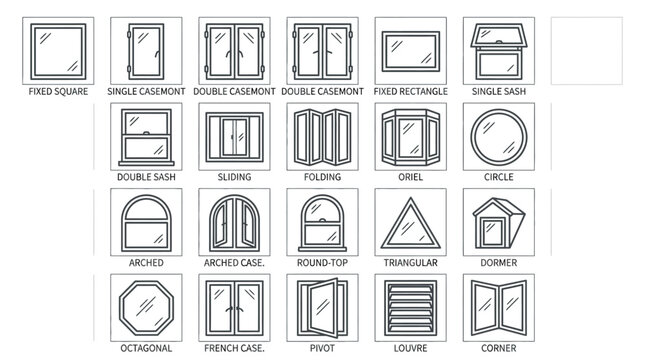 Architectural window types vector icons set. Comprehensive collection of window shapes, casement, sliding, fixed, bay, and arched designs for building plans and design projects.
