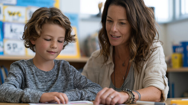 A reading specialist points to colored overlay strips placed on a printed page as a dyslexic student tracks text in a resource room with visual tracking tools phonics flashcards