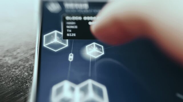 Glowing cubes and futuristic UI elements representing blockchain technology