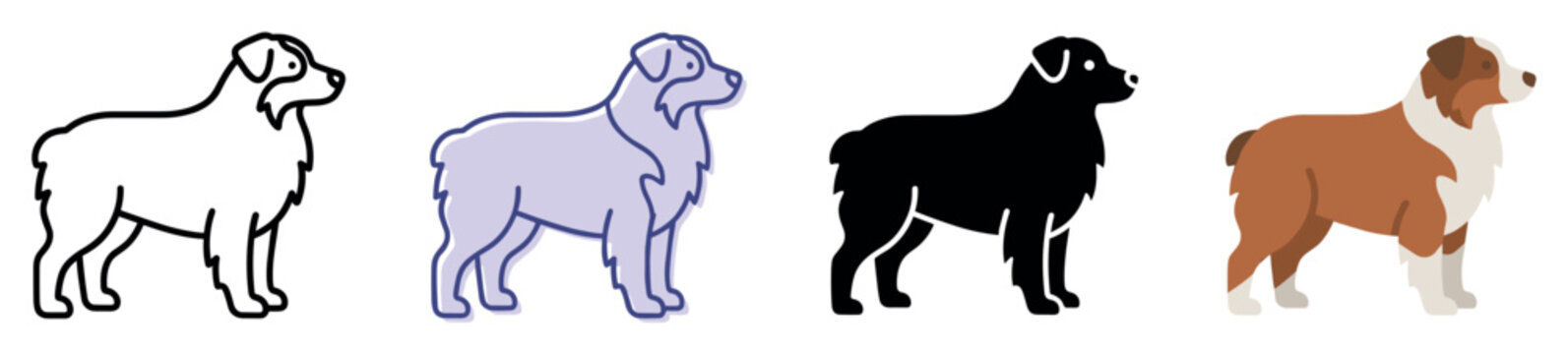 Dog icons set. Pet animal and canine breed concept. Includes outline dog, colored outline dog, silhouette dog, flat color dog. Flat and line style