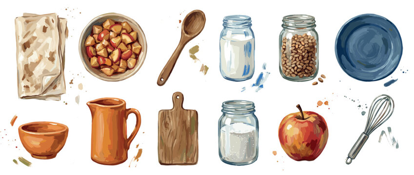 Kitchen and baking icons set. Cooking and food preparation concept. Includes flatbread, chopped apples, wooden spoon, milk jar, lentils jar, blue plate, bowl, pitcher, cutting board, sugar
