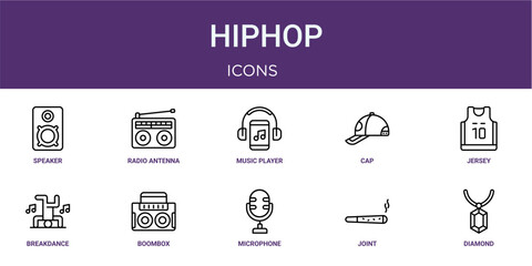 Fototapeta premium Set of 10 linear Hiphop icons for interface projects, presentations and web graphics. Outline symbol collection with radio antenna, cap, breakdance, microphone and joint.